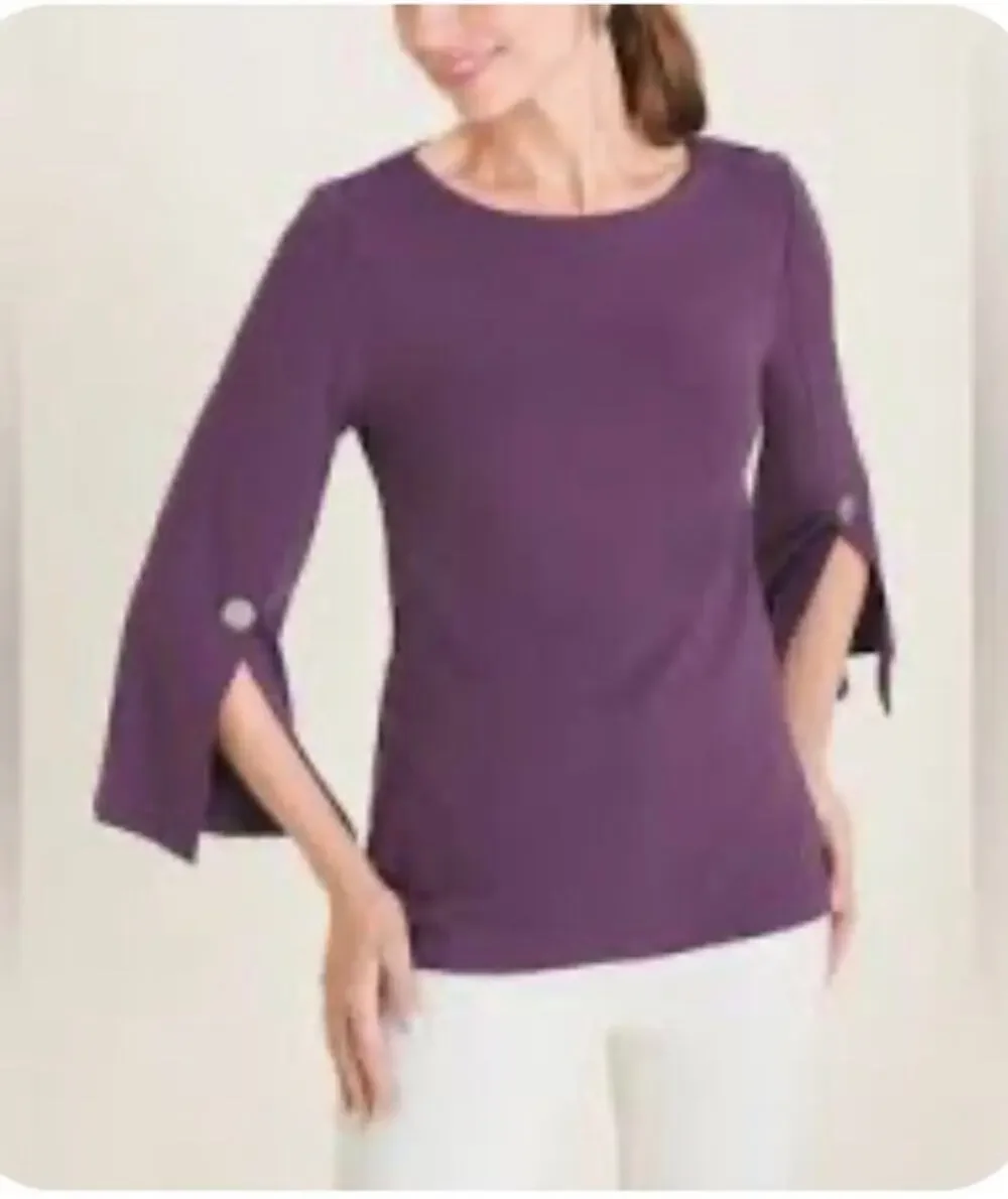 NEW Chico's Knit Blouse Top Split Sleeve 3/4 Sleeve Boatneck Purple Chico 1 US M